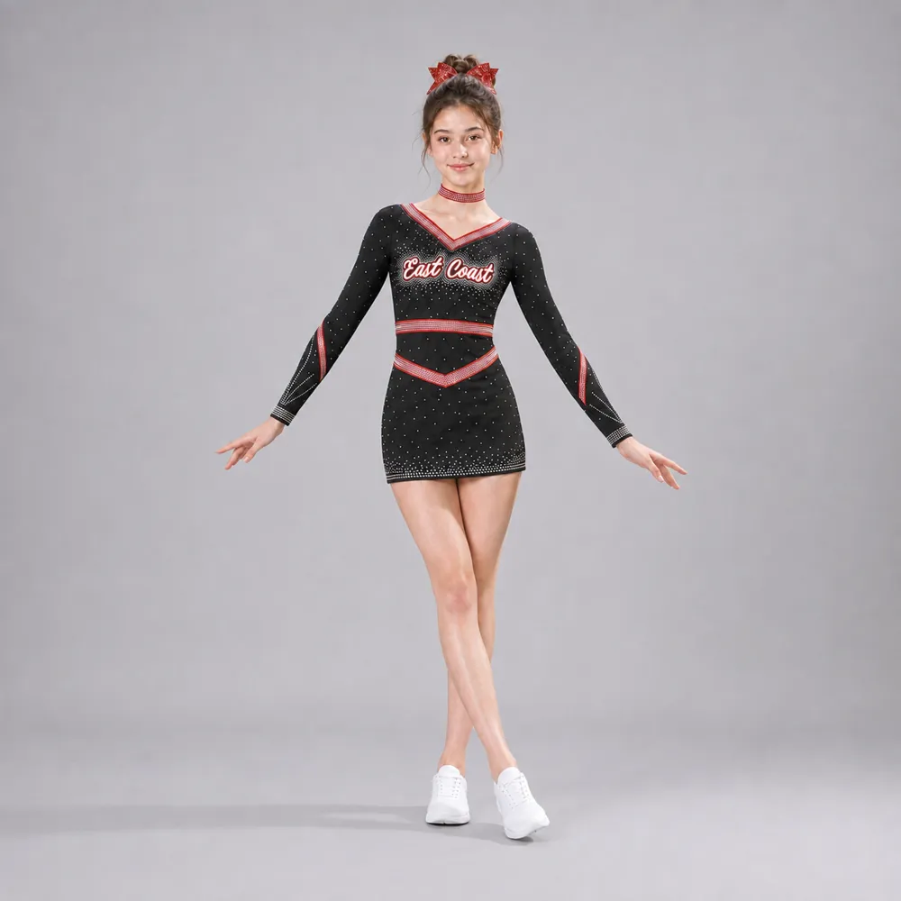 Kids Black Red Rhinestone Cheerleading Uniform Long Sleeve Dress Team Competition Performance Wear – photo 2