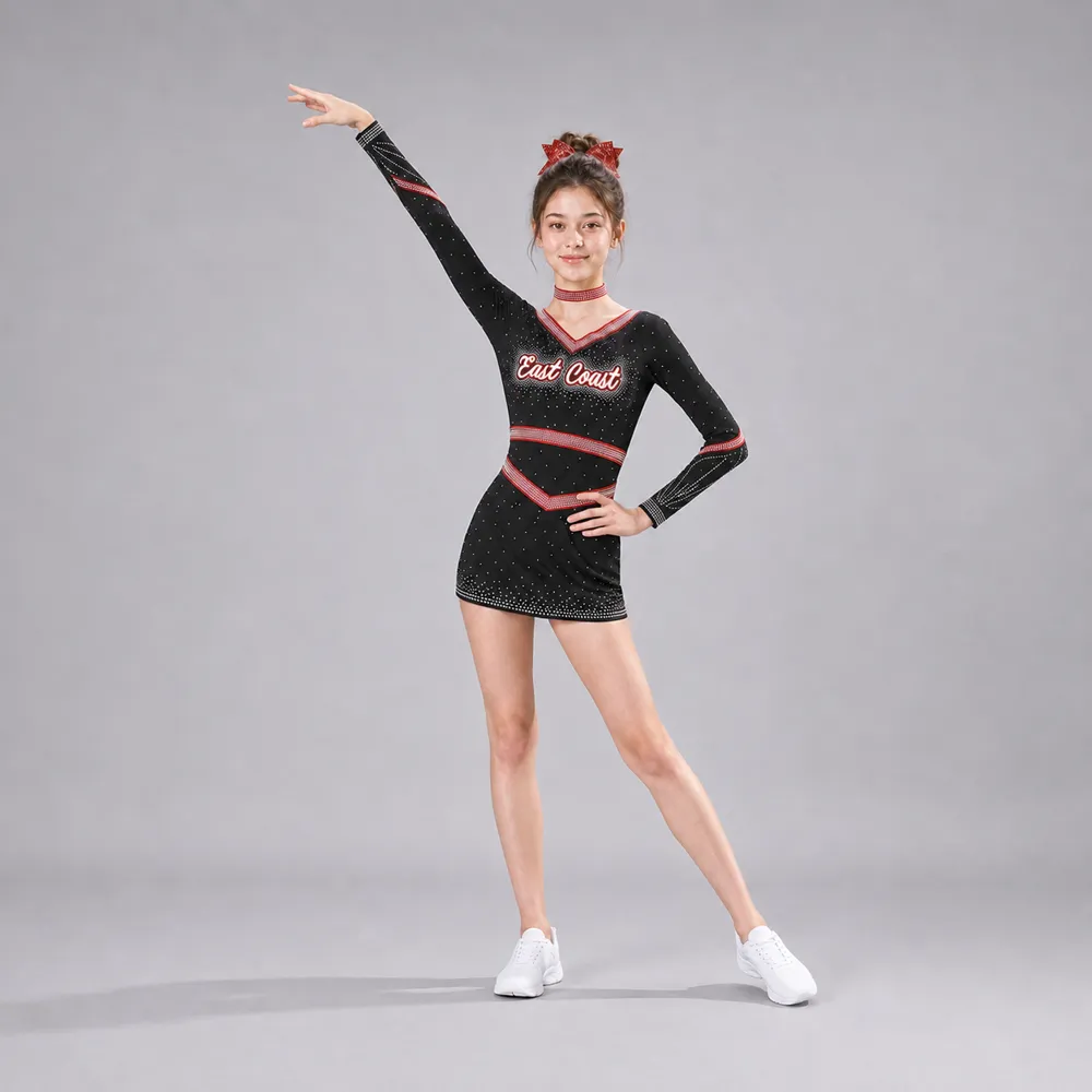 Kids Black Red Rhinestone Cheerleading Uniform Long Sleeve Dress Team Competition Performance Wear – photo 3