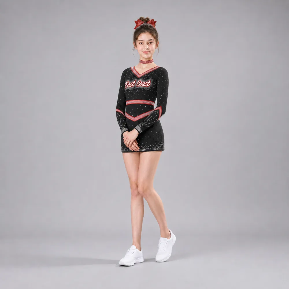 Kids Black Red Rhinestone Cheerleading Uniform Long Sleeve Dress Team Competition Performance Wear – photo 4