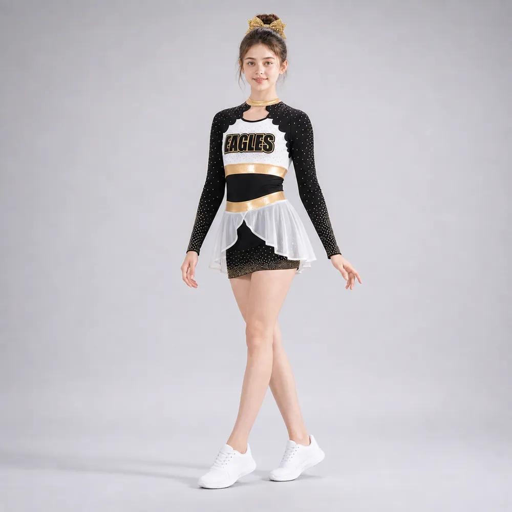 Kids Black Gold White Rhinestone Cheerleading Uniform Long Sleeve Cutout Dress Team Competition Wear – photo 2