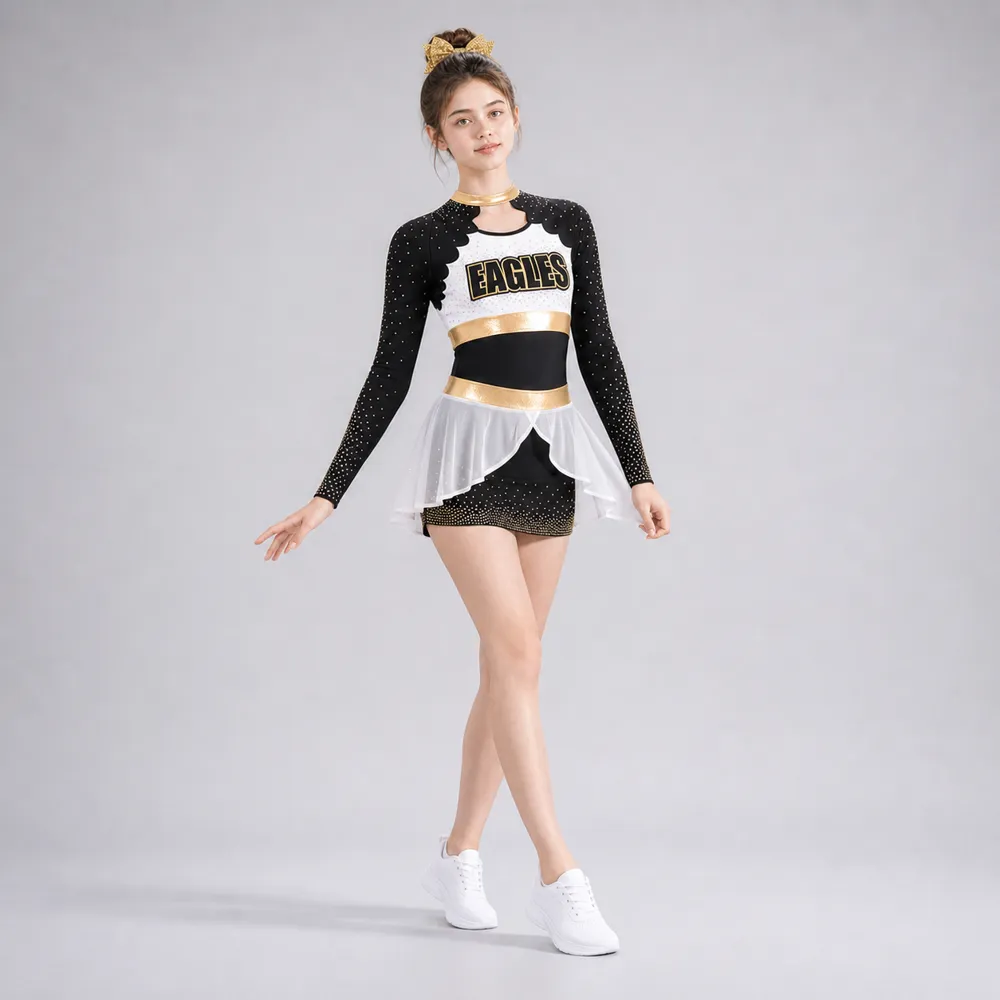 Kids Black Gold White Rhinestone Cheerleading Uniform Long Sleeve Cutout Dress Team Competition Wear – photo 3