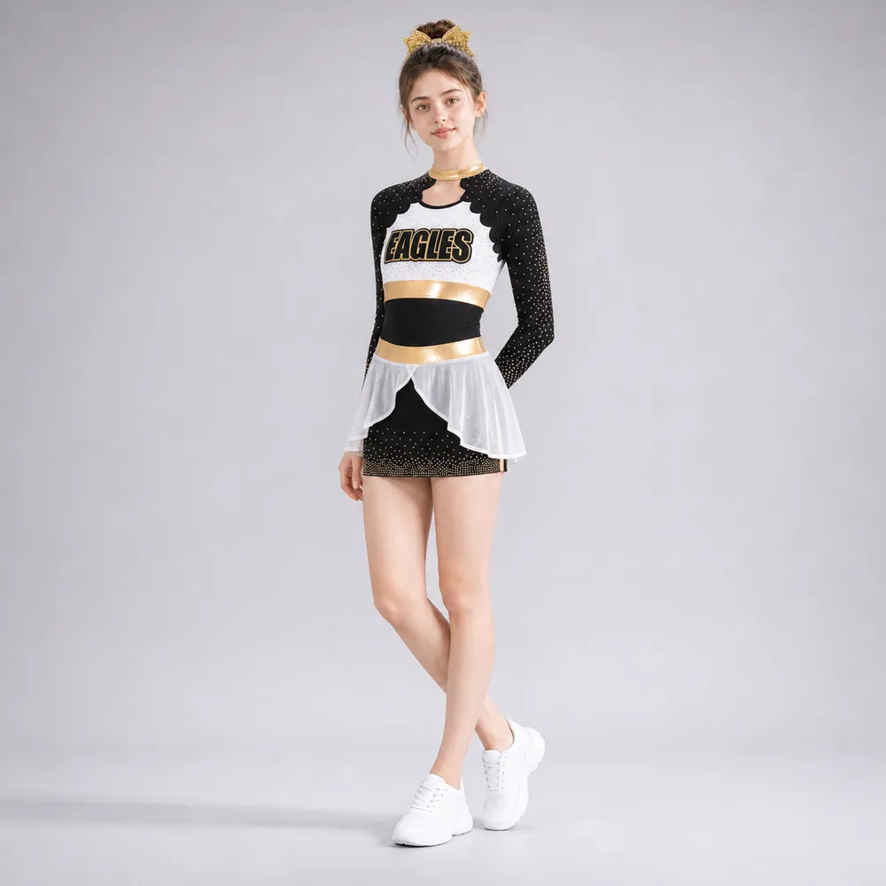 Kids Black Gold White Rhinestone Cheerleading Uniform Long Sleeve Cutout Dress Team Competition Wear – photo 4