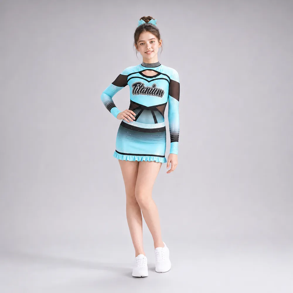 Kids Aqua Black Rhinestone Cheerleading Uniform Long Sleeve Mesh Dress Bulk Team Competition Performance Wear Set – photo 2