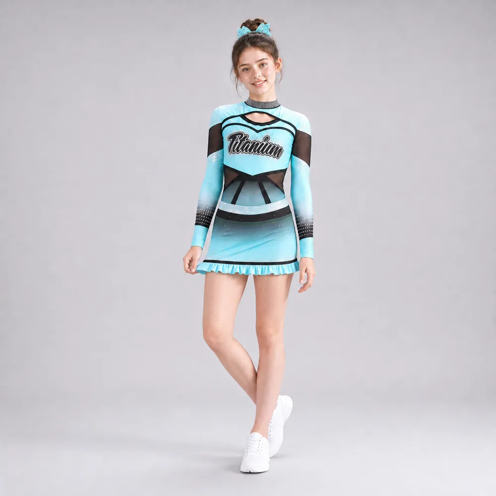 Kids Aqua Black Rhinestone Cheerleading Uniform Long Sleeve Mesh Dress Bulk Team Competition Performance Wear Set – photo 3