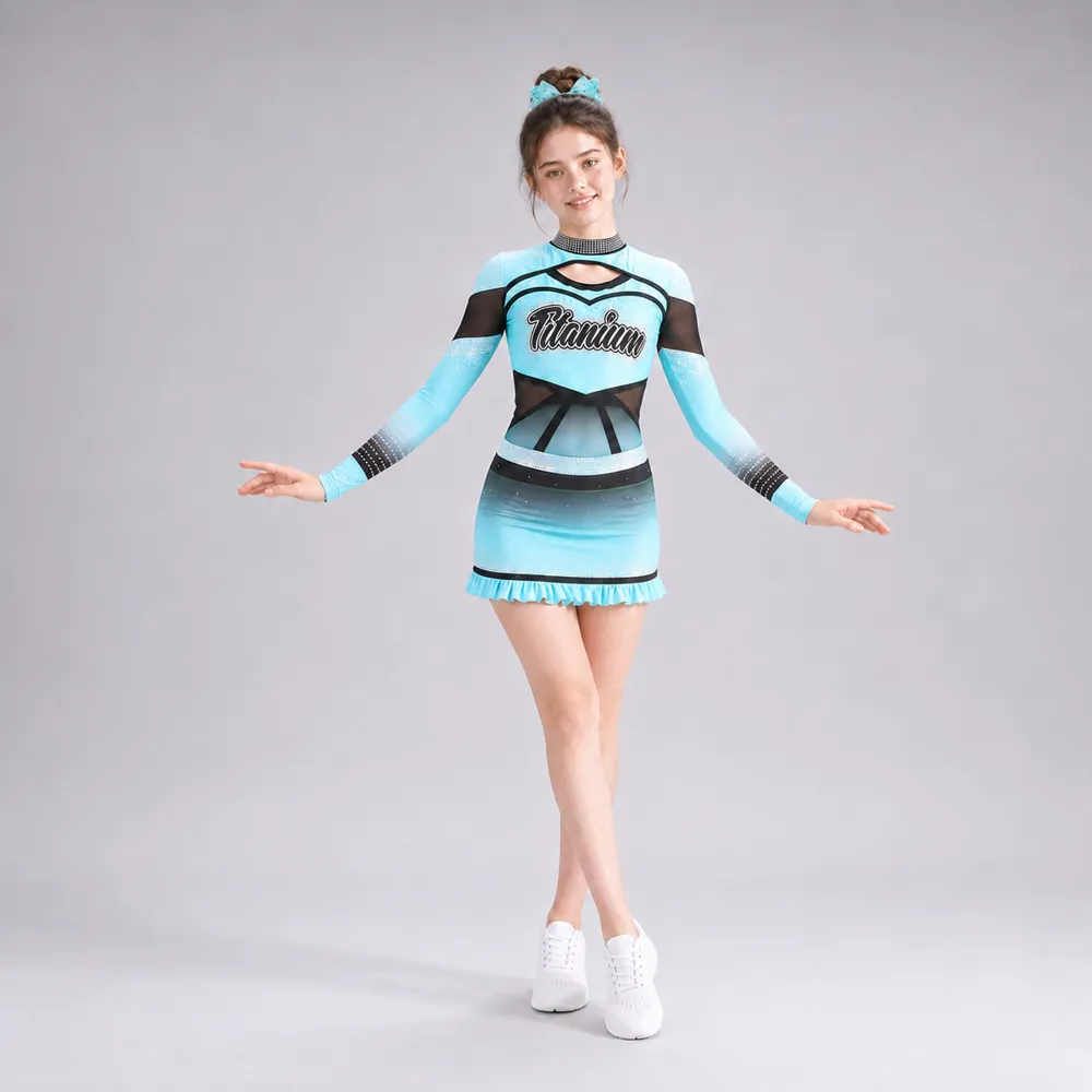Kids Aqua Black Rhinestone Cheerleading Uniform Long Sleeve Mesh Dress Bulk Team Competition Performance Wear Set – photo 4