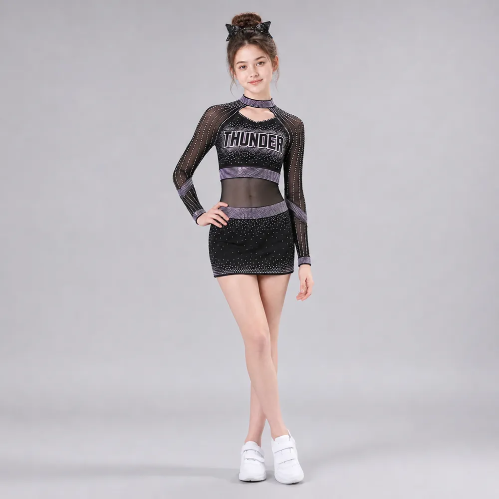Kids Black Purple Rhinestone Cheerleading Uniform Long Sleeve Mesh Crop Top Skirt Team Performance Wear – photo 2