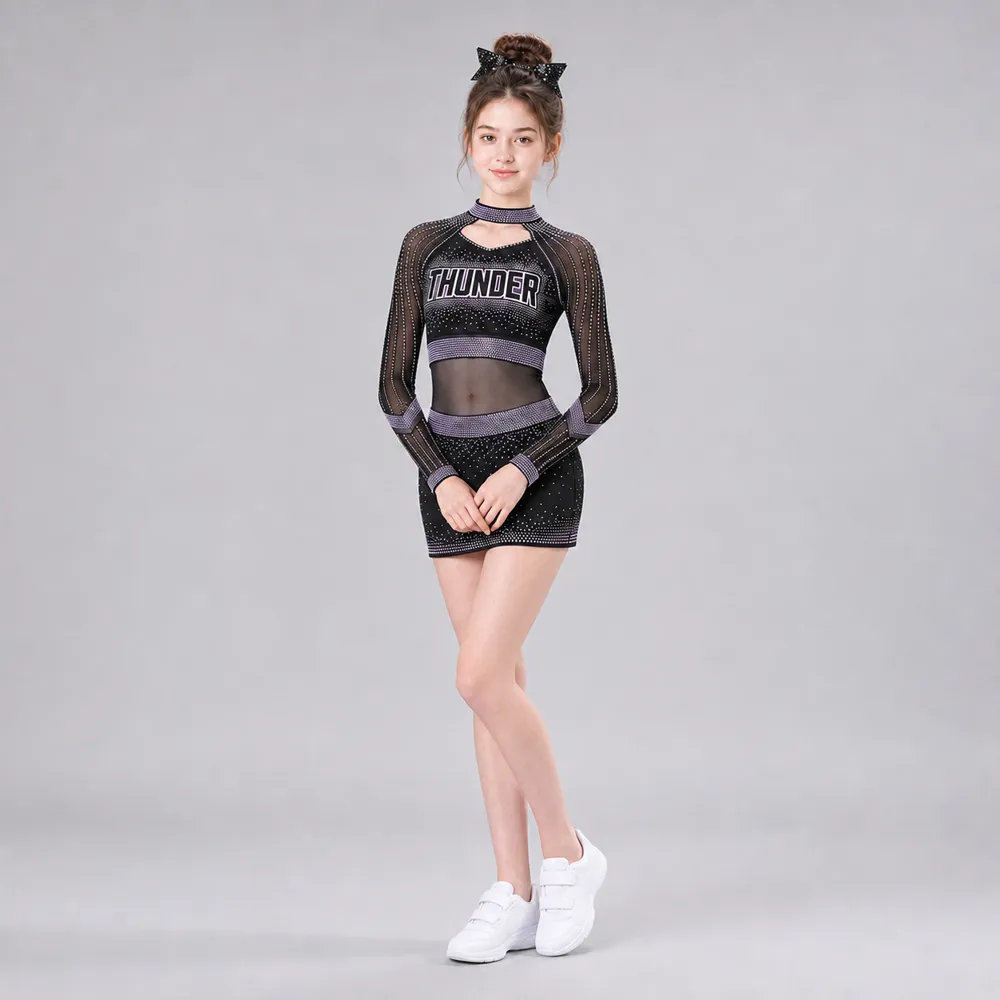 Kids Black Purple Rhinestone Cheerleading Uniform Long Sleeve Mesh Crop Top Skirt Team Performance Wear – photo 3