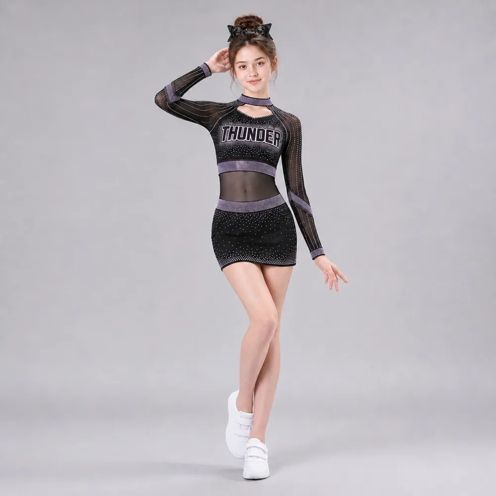 Kids Black Purple Rhinestone Cheerleading Uniform Long Sleeve Mesh Crop Top Skirt Team Performance Wear – photo 4