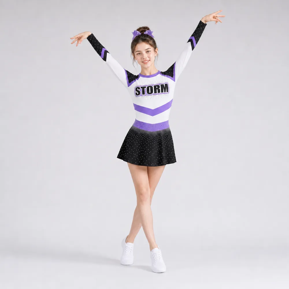 Kids Black Purple Rhinestone Cheerleading Uniform Long Sleeve Dress Team Competition Performance Wear – photo 2