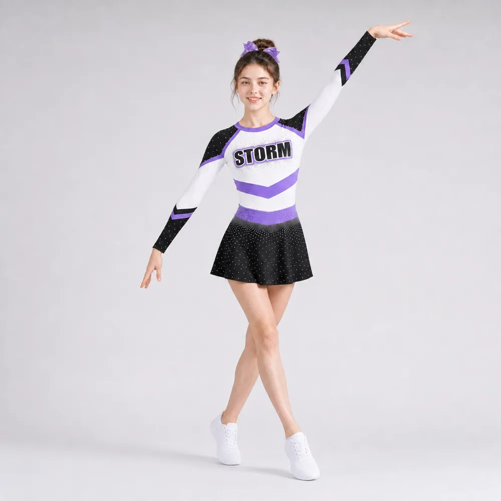 Kids Black Purple Rhinestone Cheerleading Uniform Long Sleeve Dress Team Competition Performance Wear – photo 3