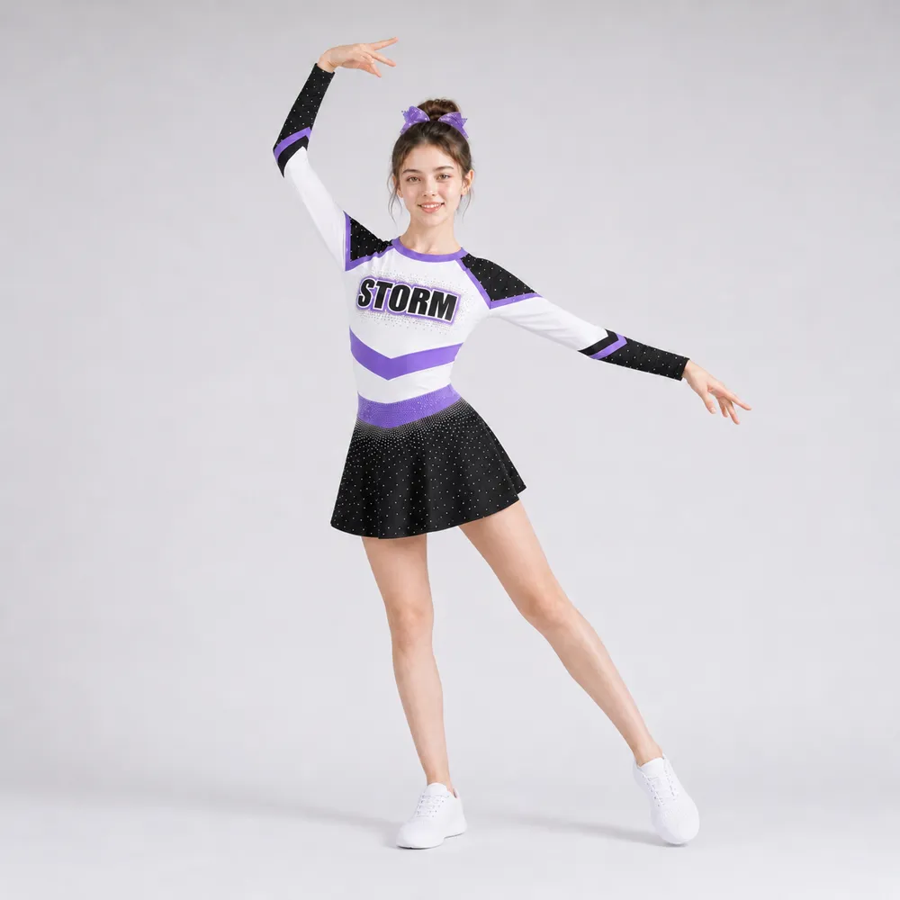 Kids Black Purple Rhinestone Cheerleading Uniform Long Sleeve Dress Team Competition Performance Wear – photo 4