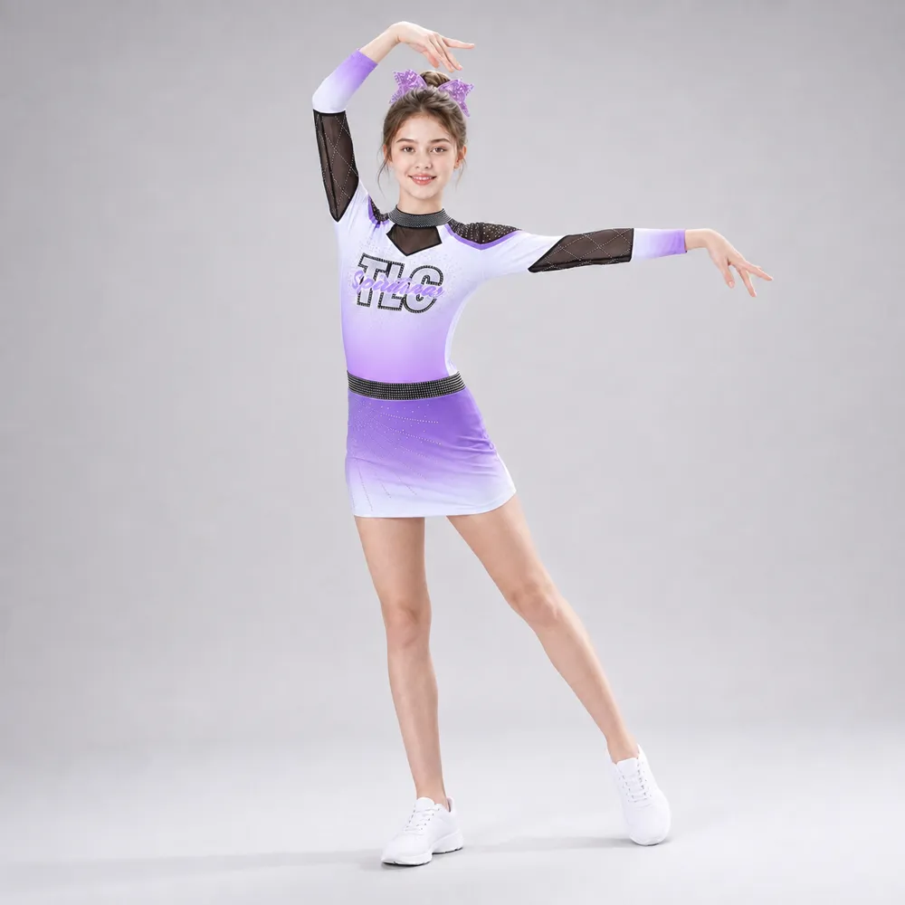 Kids Purple White Rhinestone Cheerleading Uniform Long Sleeve Mesh Dress Competition Performance Wear – photo 2
