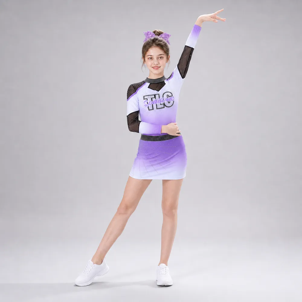 Kids Purple White Rhinestone Cheerleading Uniform Long Sleeve Mesh Dress Competition Performance Wear – photo 3