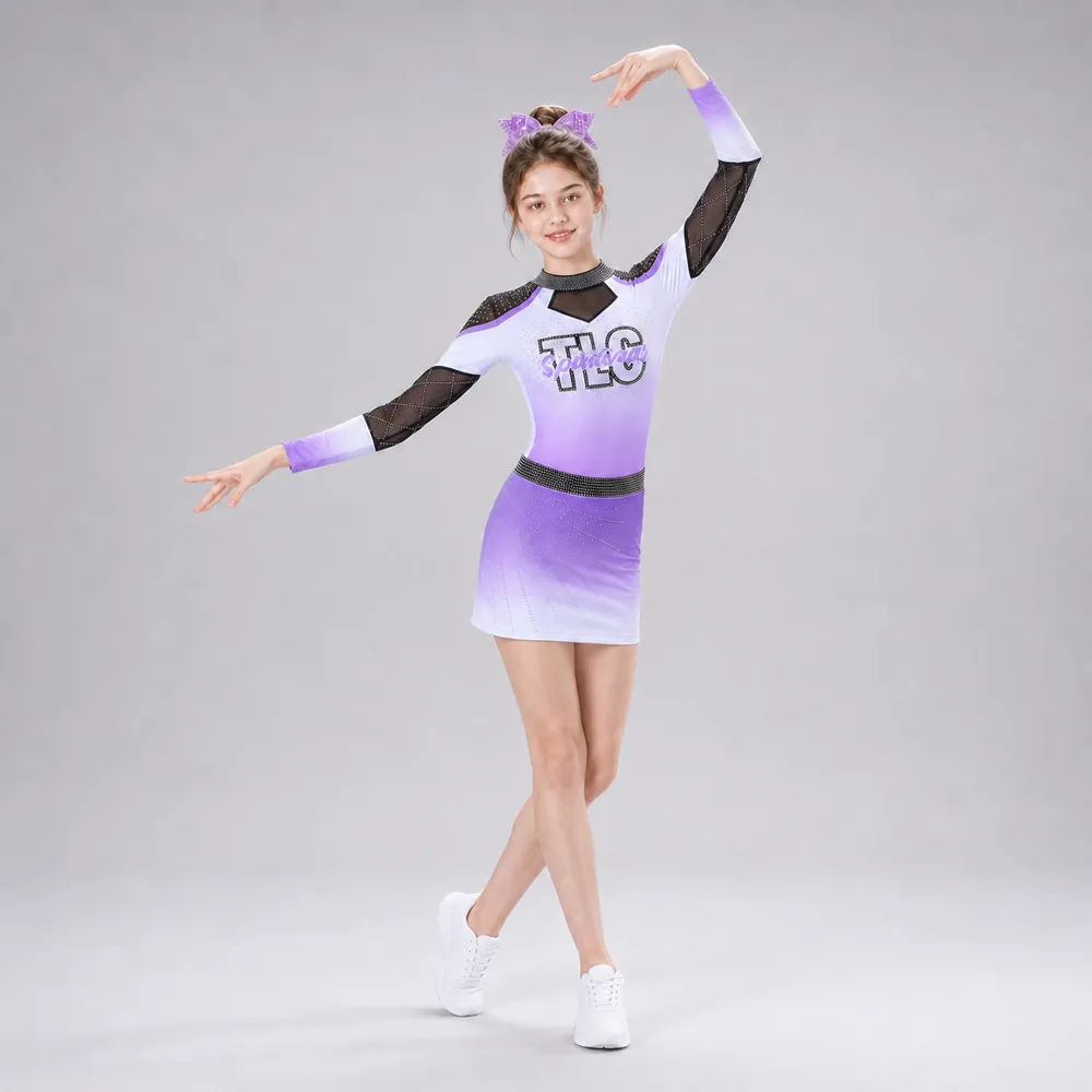 Kids Purple White Rhinestone Cheerleading Uniform Long Sleeve Mesh Dress Competition Performance Wear – photo 4