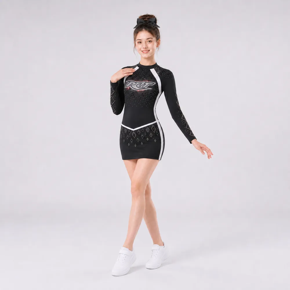 Women's Black White Rhinestone Cheerleading Uniform Long Sleeve Dress Team Competition Performance Wear – photo 4