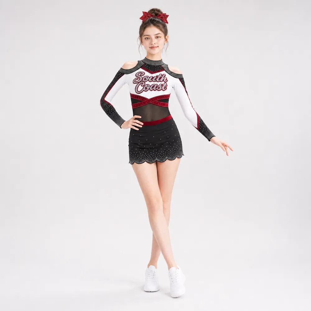 Kids Black White Red Rhinestone Cheerleading Uniform Long Sleeve Cold Shoulder Mesh Skirt Team Wear Set – photo 2
