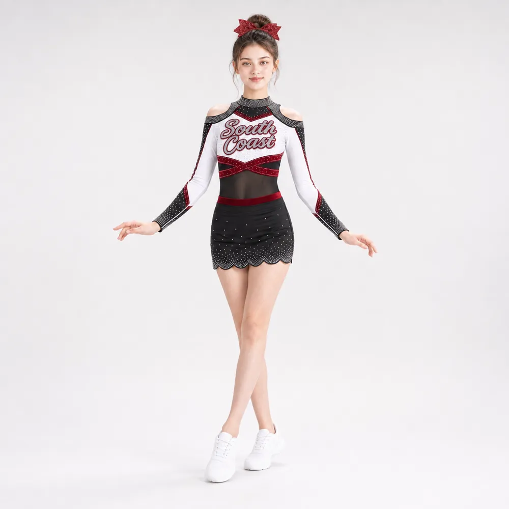 Kids Black White Red Rhinestone Cheerleading Uniform Long Sleeve Cold Shoulder Mesh Skirt Team Wear Set – photo 3
