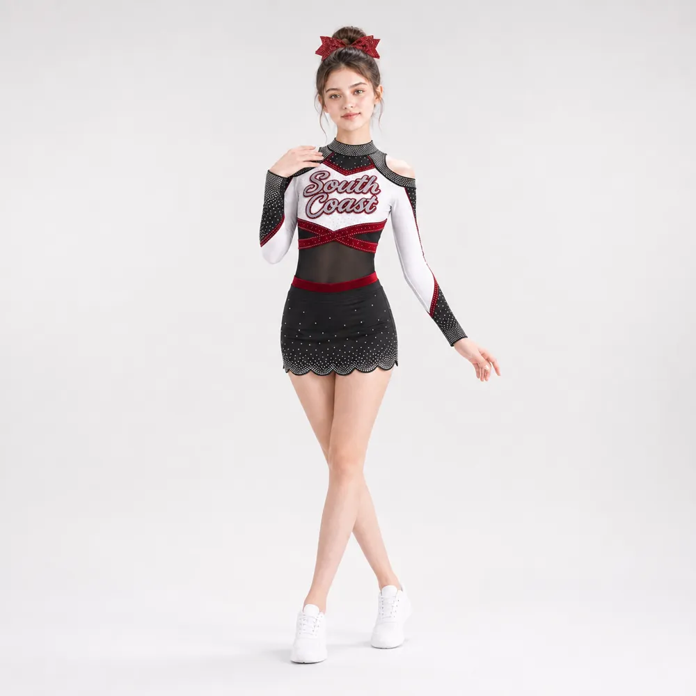 Kids Black White Red Rhinestone Cheerleading Uniform Long Sleeve Cold Shoulder Mesh Skirt Team Wear Set – photo 4