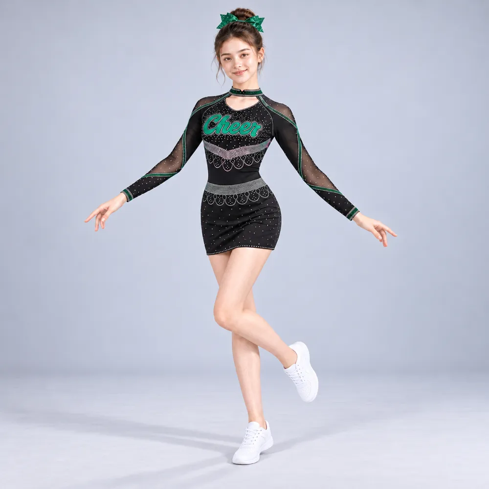 Girls Black Green Rhinestone Cheerleading Dress Long Sleeve Mesh Sparkle Competition Team Uniform – photo 4