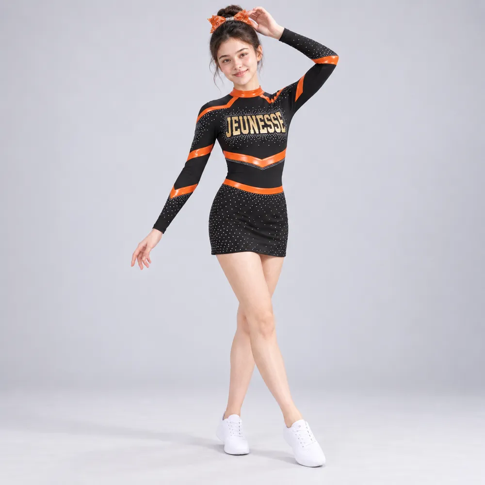 Girls Black Orange Rhinestone Cheerleading Dress Long Sleeve Sparkle Competition Team Uniform – photo 2