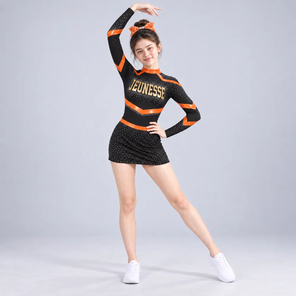 Girls Black Orange Rhinestone Cheerleading Dress Long Sleeve Sparkle Competition Team Uniform – photo 3