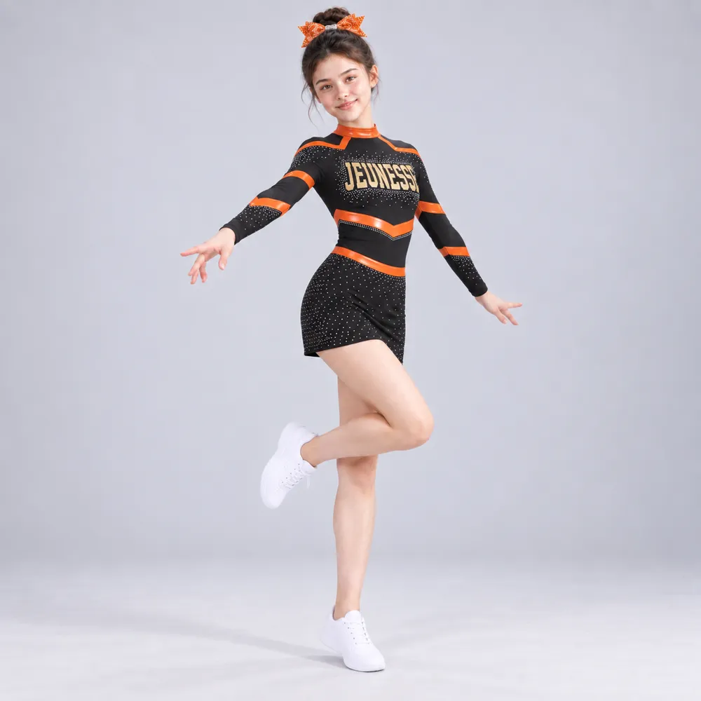 Girls Black Orange Rhinestone Cheerleading Dress Long Sleeve Sparkle Competition Team Uniform – photo 4