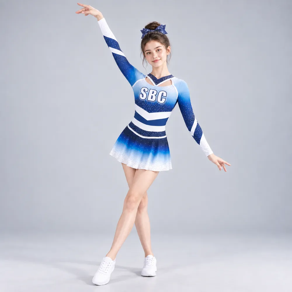 Girls Blue White Rhinestone Cheerleading Uniform Long Sleeve Gradient Crop Top Skirt Competition Team – photo 4