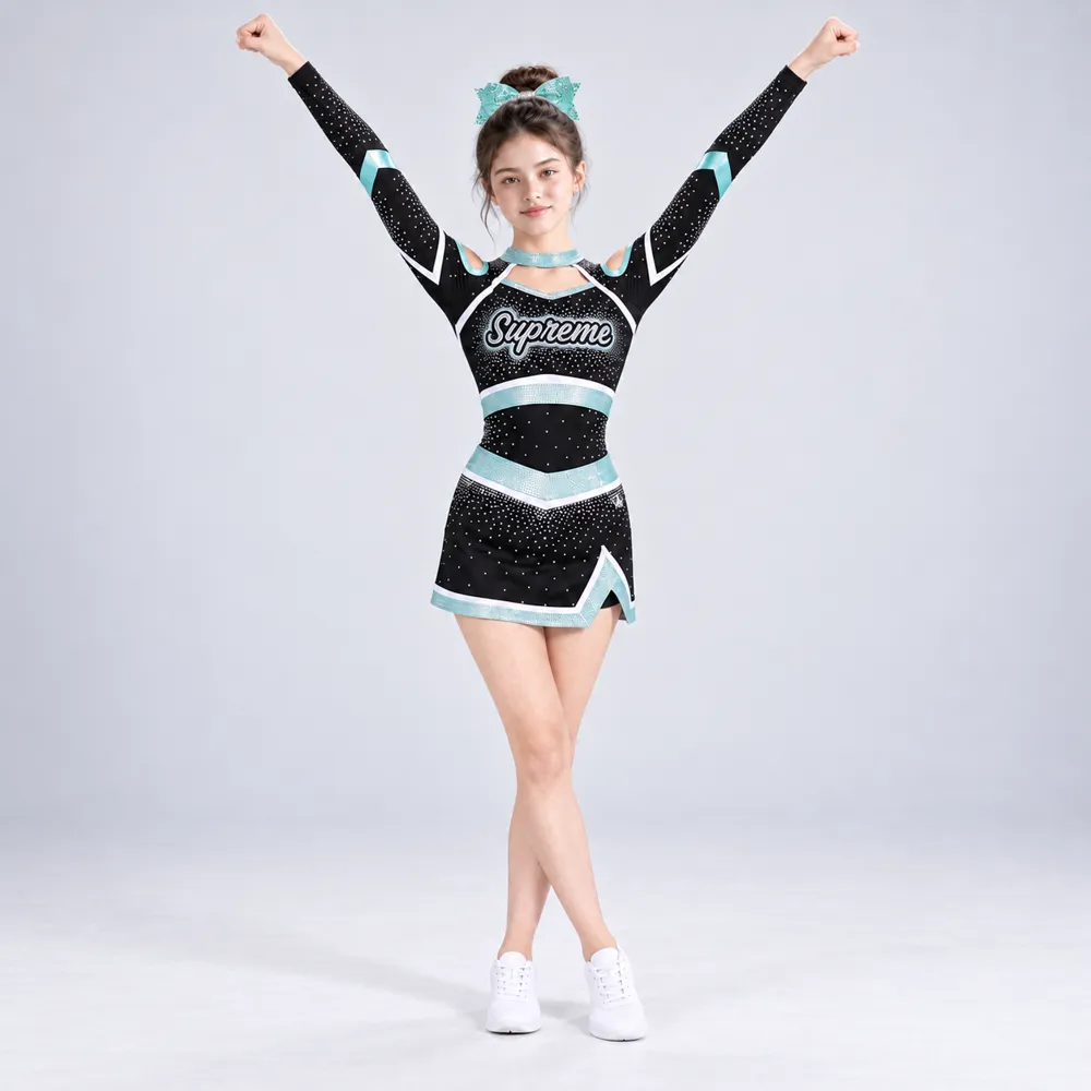Girls Black Mint Rhinestone Cheerleading Uniform Long Sleeve Cold Shoulder Crop Top Skirt Competition Team – photo 3