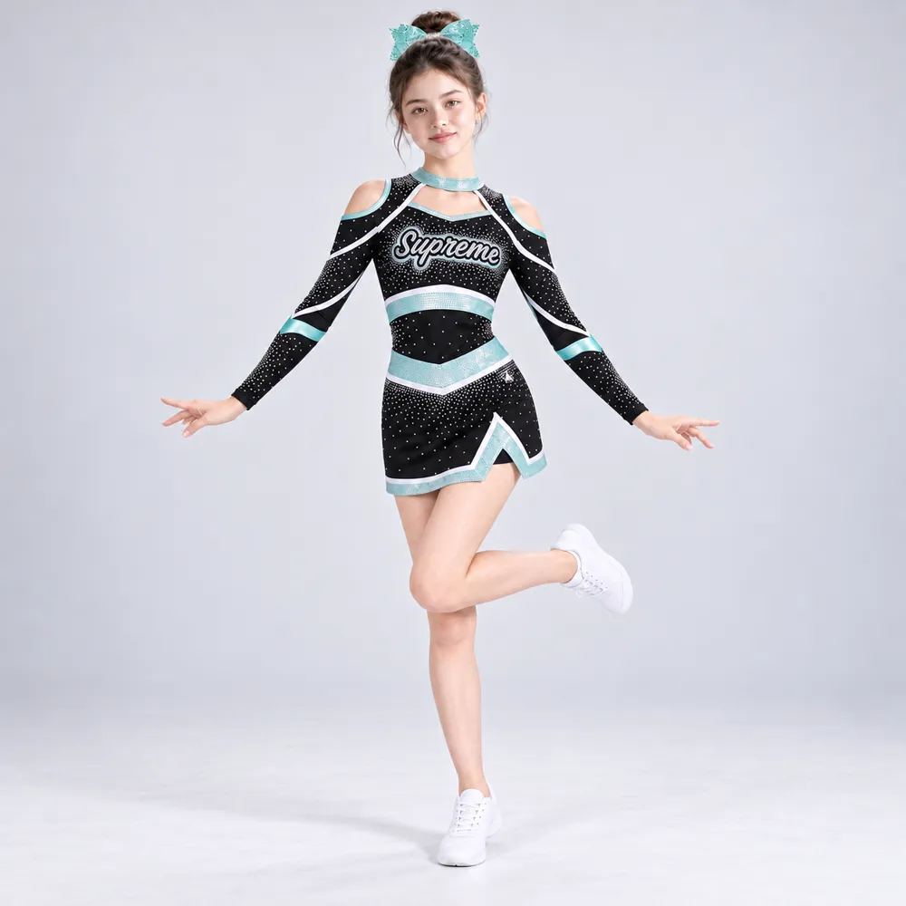 Girls Black Mint Rhinestone Cheerleading Uniform Long Sleeve Cold Shoulder Crop Top Skirt Competition Team – photo 4