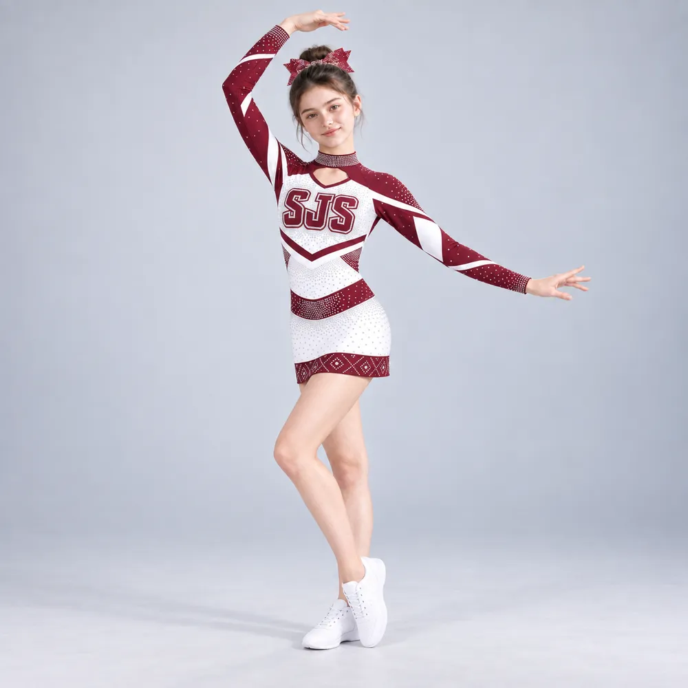 Girls Burgundy White Rhinestone Cheerleading Dress Long Sleeve Cutout Neck Competition Team Uniform – photo 2