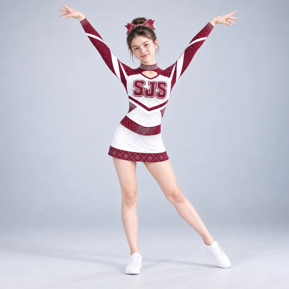 Girls Burgundy White Rhinestone Cheerleading Dress Long Sleeve Cutout Neck Competition Team Uniform – photo 3