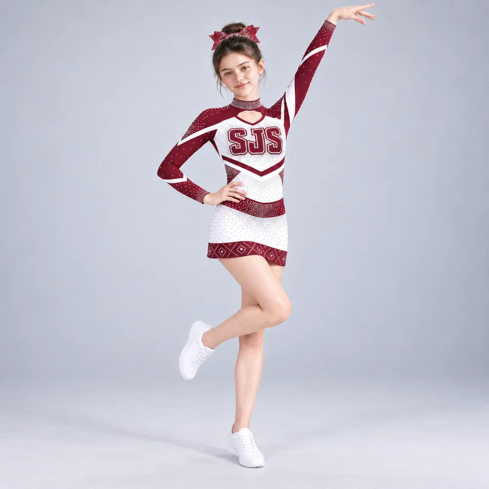 Girls Burgundy White Rhinestone Cheerleading Dress Long Sleeve Cutout Neck Competition Team Uniform – photo 4