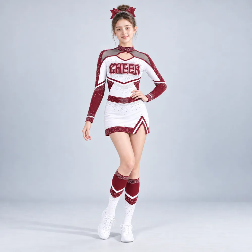 Girls Burgundy White Rhinestone Cheerleading Uniform Long Sleeve Mesh Cutout Top Skirt Competition Team – photo 2