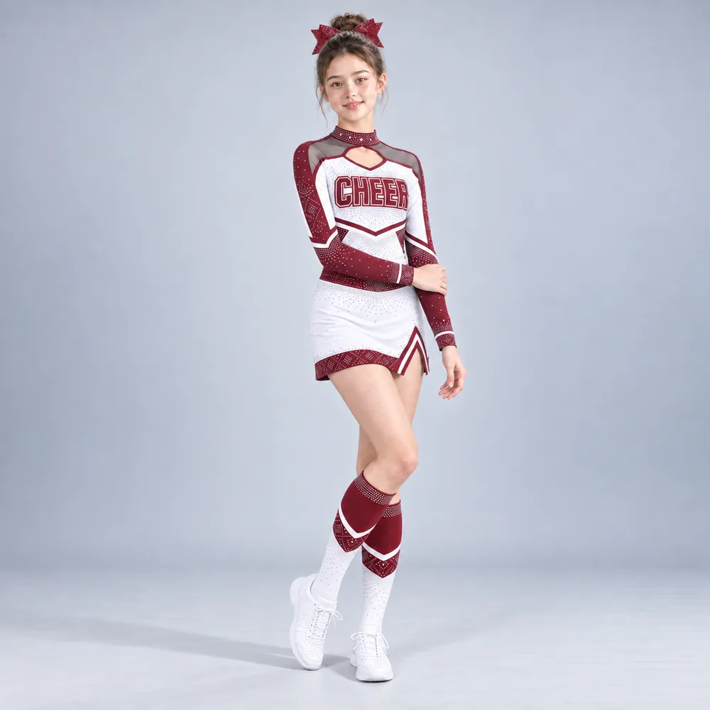 Girls Burgundy White Rhinestone Cheerleading Uniform Long Sleeve Mesh Cutout Top Skirt Competition Team – photo 3