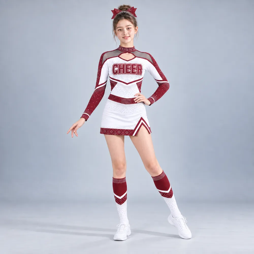 Girls Burgundy White Rhinestone Cheerleading Uniform Long Sleeve Mesh Cutout Top Skirt Competition Team – photo 4