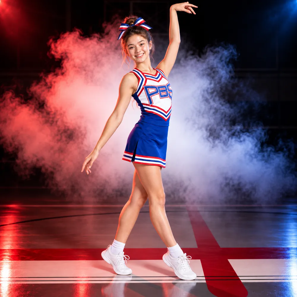 Girls Blue Red White Cheerleading Uniform Sleeveless V Neck Top Skirt Set Competition Team – photo 4