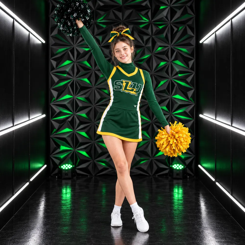 Girls Green Yellow Cheerleading Uniform Long Sleeve Skirt Set Team Competition Performance Outfits – photo 2