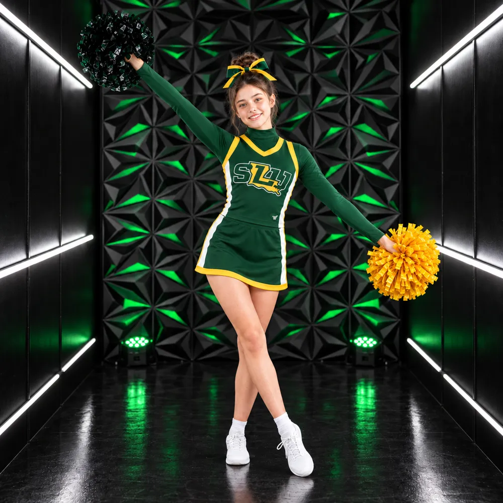 Girls Green Yellow Cheerleading Uniform Long Sleeve Skirt Set Team Competition Performance Outfits – photo 3