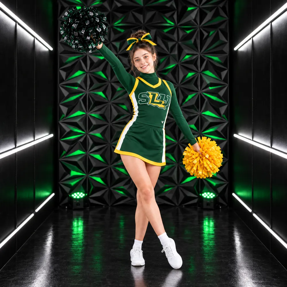 Girls Green Yellow Cheerleading Uniform Long Sleeve Skirt Set Team Competition Performance Outfits – photo 4