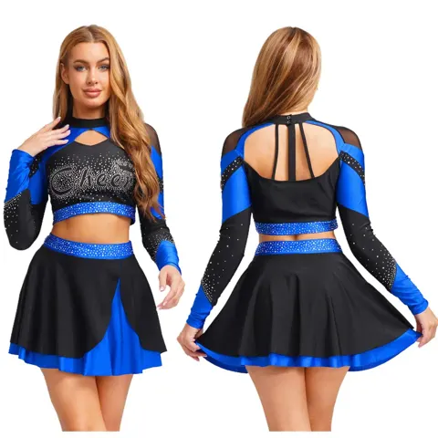 CHSALL Women's 100% Polyester Rhinestone Cheerleader Outfits Shiny Cheerleading Uniform Costume Long Sleeve Hollow Crop Top +