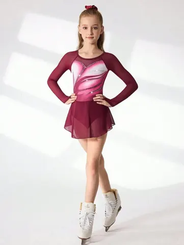 Long Sleeve Children's Figure Skating Costume Rhythmic Gymnastics Leotard with Spandex Polyester Sparkly Chiffon Skirt