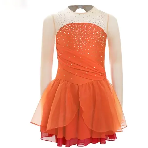 Figure Ice Skating Dress Girls Glittery Rhinestone Long Sleeve Performance Costume
