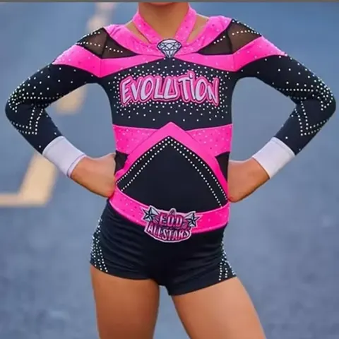 Sparkly Rhinestone Embellished Cheerleading Uniform Pink Black Colorblock Long Sleeve Cheer Competition Training Apparel