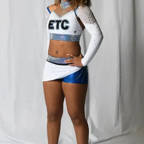 Competition White and Blue Long Sleeve Cheerleading Uniform Sets for Youth Women in Spandex/Polyester for Practice Wear
