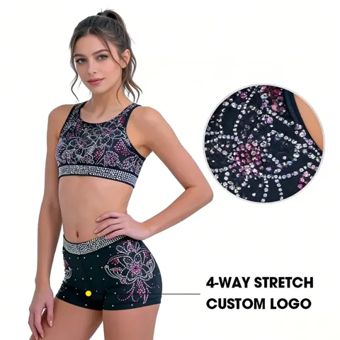 Design Children Girl Black Cheerleading Practice Uniform Sets Crop Top and Shorts for School Cheerleading
