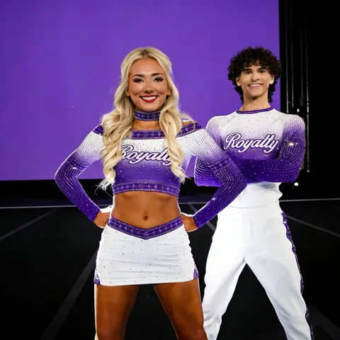 Logo Rhinestones Cheerleading Uniforms Flexible Elastic Fabric Sweat Wicking Suitable For Competition Training Stage Show