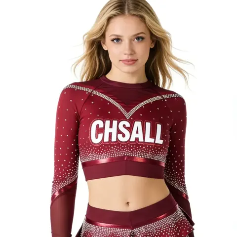 Rhinestone Cheerleading Uniform Set Red Maroon Options Cold Shoulder/High Neck Crop Top with Skirt for Competition Performance