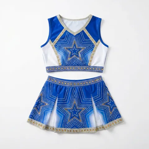 Rhinestone Cheerleading Uniform Set Women Girls Diamond Embellished Crop Top Pleated Competition Cheer Outfit