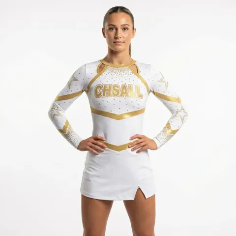 Cheerleading Uniform Spandex Acrylic Long Sleeve Elastic Waist Youthful Gold Cheer Outfit
