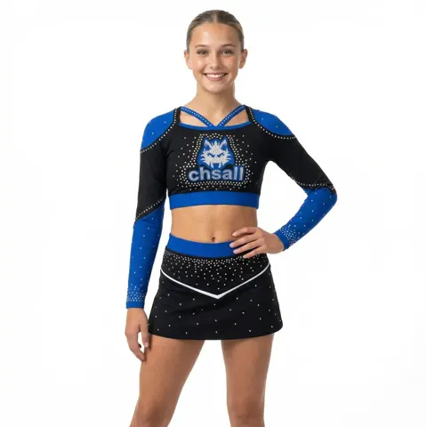 Kids Long Sleeve Two Piece Cheerleading Uniform Elastic Waist Spandex Bright Color Ruffle Cheer Outfit for Girls